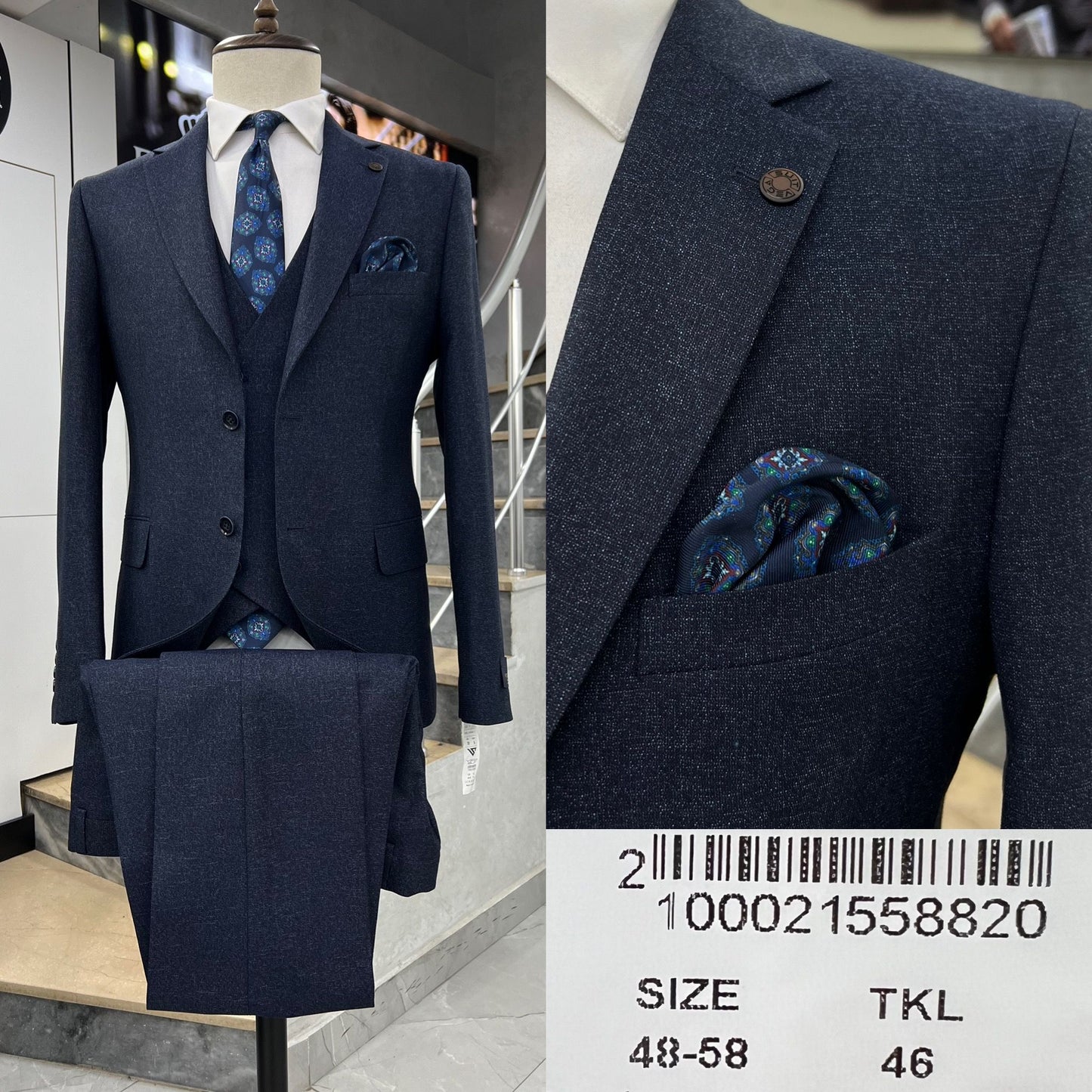 Clakes Suits Navy Textured Three-Piece Suit
