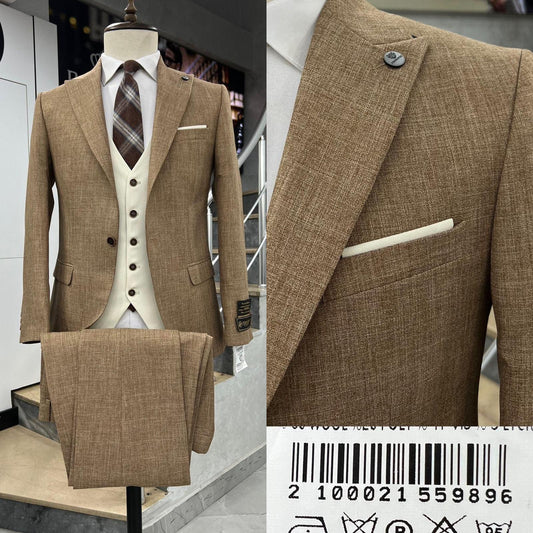 Clakes Suits Tan Textured Three-Piece Suit