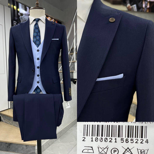 Clakes Suits Navy Three-Piece Suit with Light Blue Vest