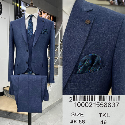 Clakes Suits Navy Textured Three-Piece Suit with Peacock Pocket Square