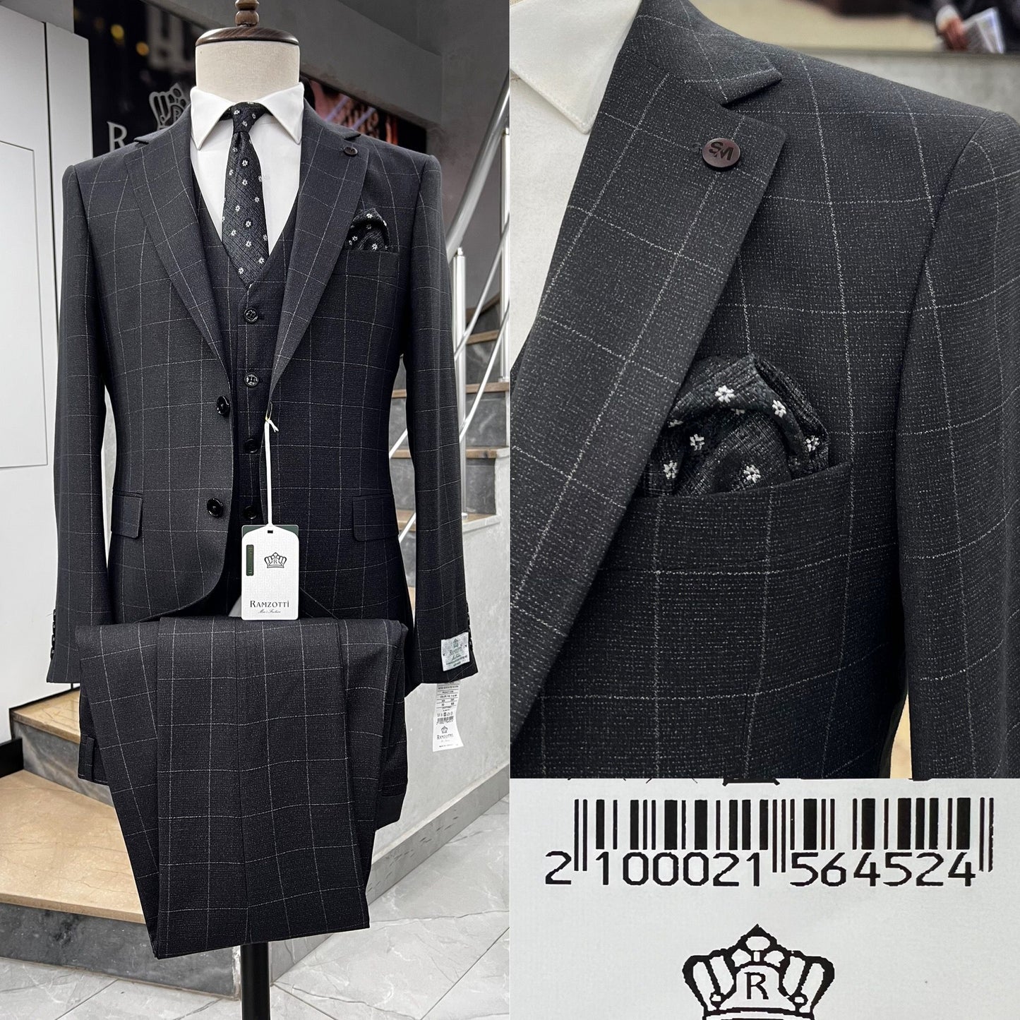 Clakes Suits Charcoal Windowpane Three-Piece Suit