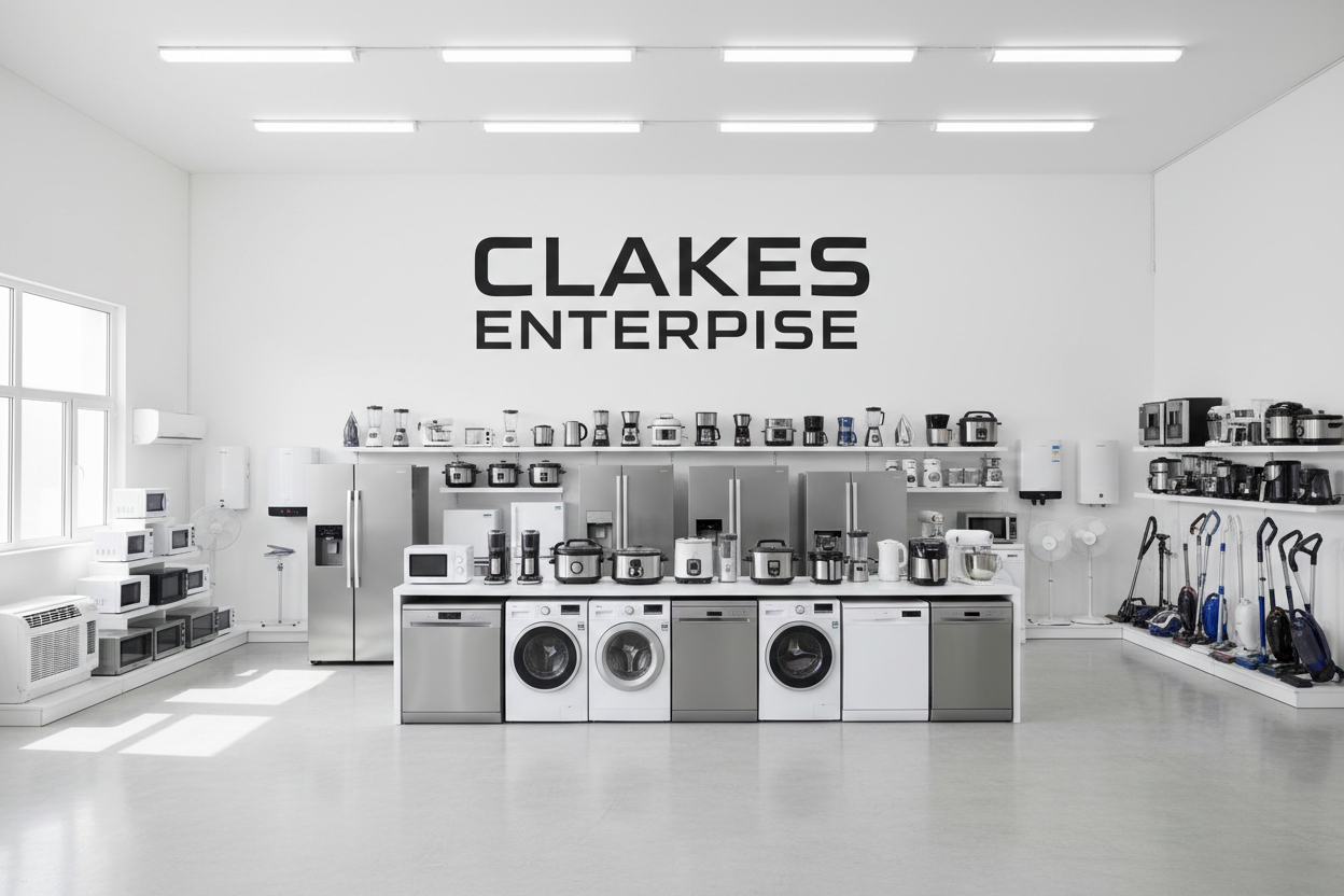 all home appliances in the world with clakes enterprise written in the background