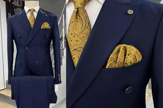 Enhanced Clakes Suits Navy Double-Breasted Suit