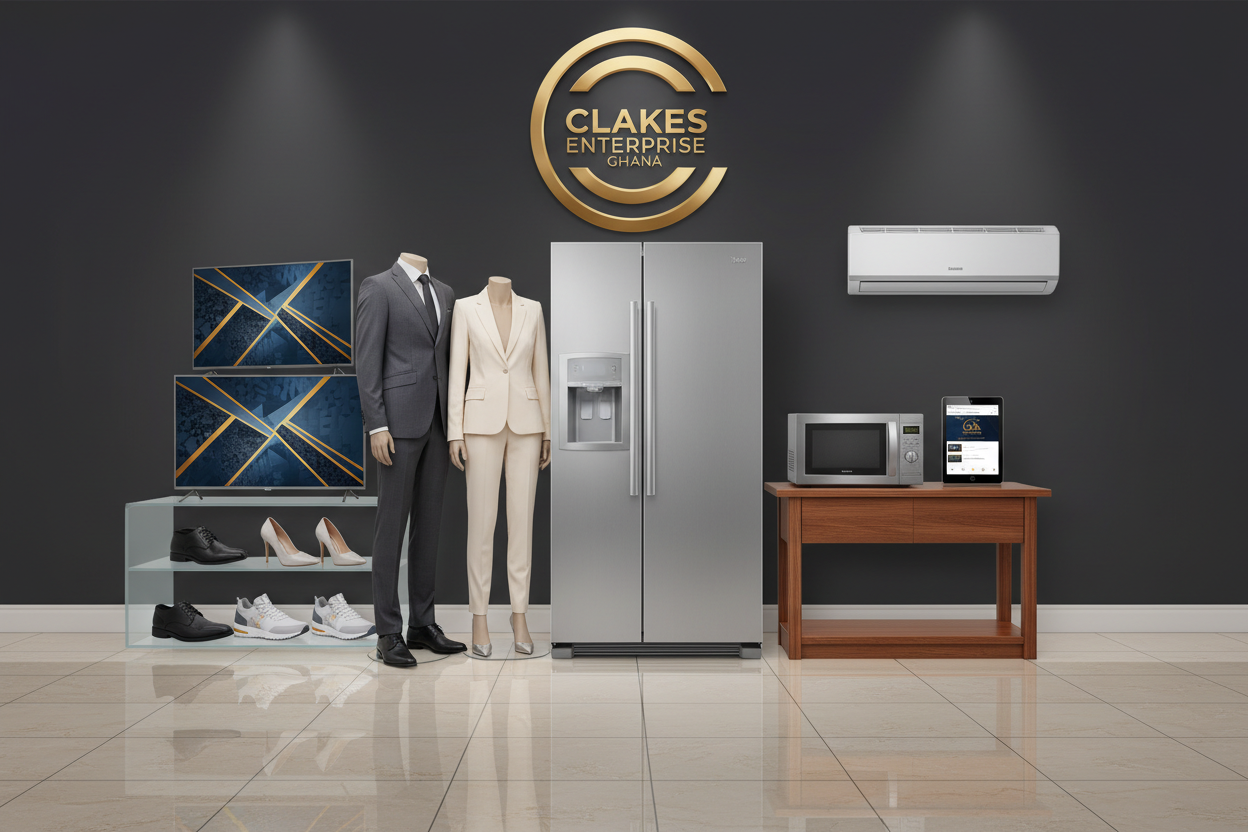 fridge,suits for both genders,home appliances, tvs ,shoes  etc with clakes enterprise logo behind